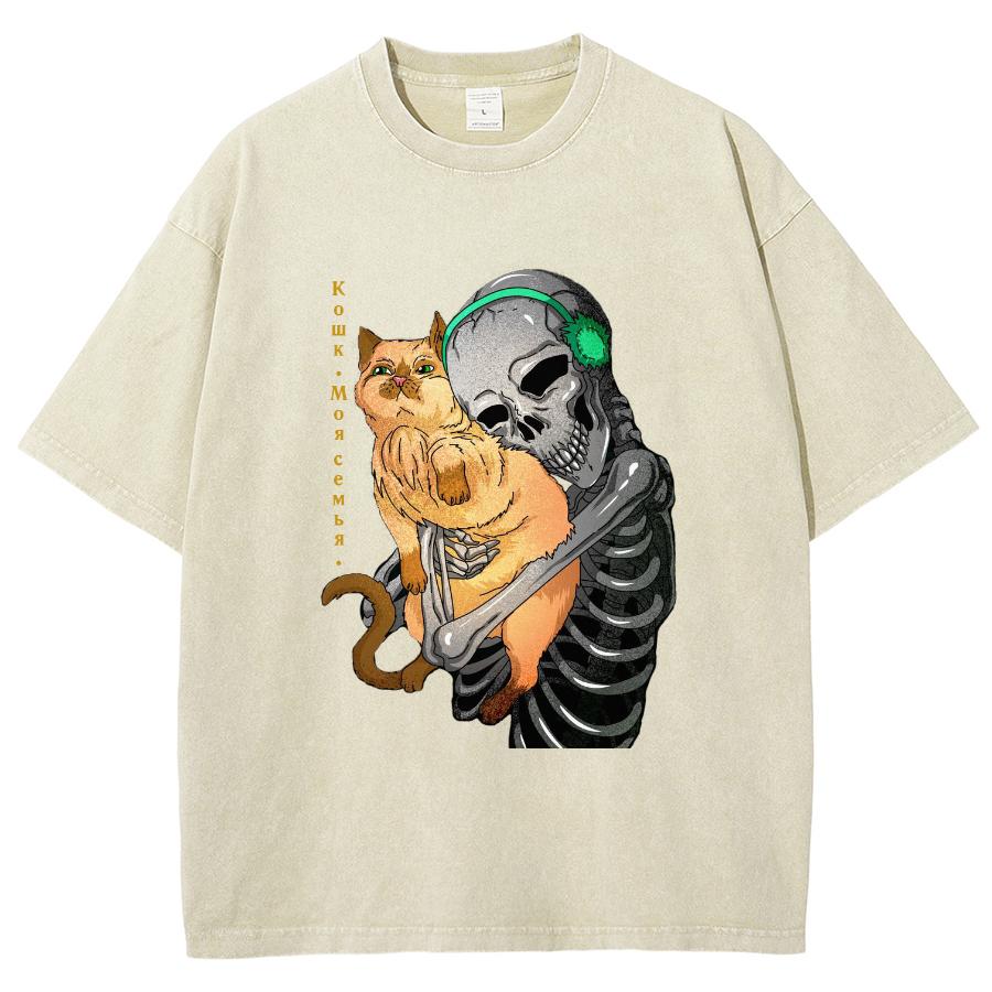 Cartoon Skull Hugging Cat Print Washed Women's T-Shirt Cotton Comfortable and Breathable Black Short Sleeve Loose Top