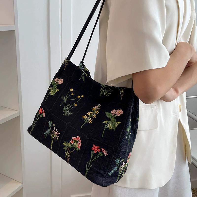 Women's Random Floral Embroidered Canvas Shoulder Bag Fashion Large Capacity Tote Bag for Shopping & Daily Use