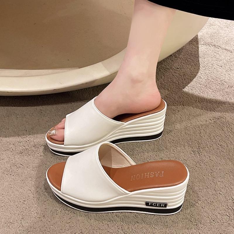 Summer new fish mouth wedge slippers women's wear fashion casual one-word drag large size women's sandals
