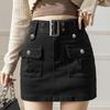 Coffee Brown Denim Mini Skirt Women A-Line High Waist Slim Fit Wrap With Built-in Shorts