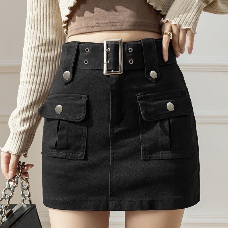 Coffee Brown Denim Mini Skirt Women A-Line High Waist Slim Fit Wrap With Built-in Shorts