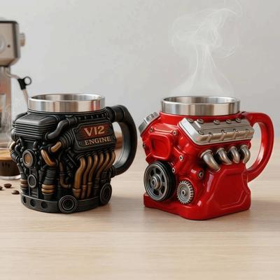 Retro Motor Kaffeebecher mit Henkel Doppelwand V12 Motoren Edelstahlbecher 200ML Realistisches Design Isolierung Autobecher