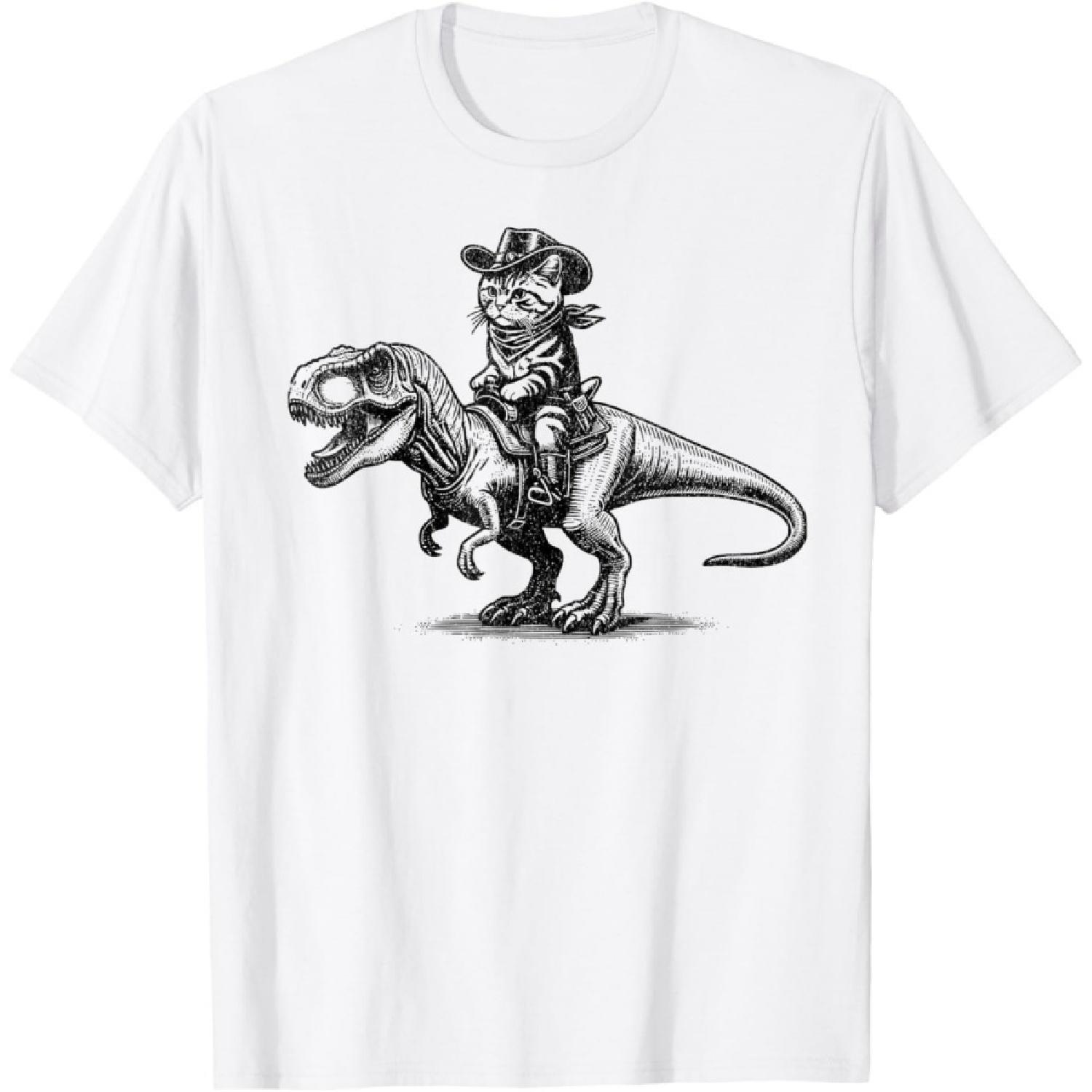 Funny Cat With Cowboy Hat & Boots Riding T-Rex Vintage T-Shirt XXXXXL белый