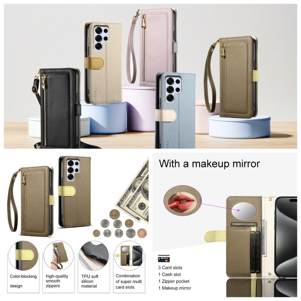 Skórzane etui na telefon dla serii Samsung Galaxy S23-S25 / serii A14-A56 z kieszonką na monety, przegródką na karty, lusterkiem i podstawką – wiele kolorów