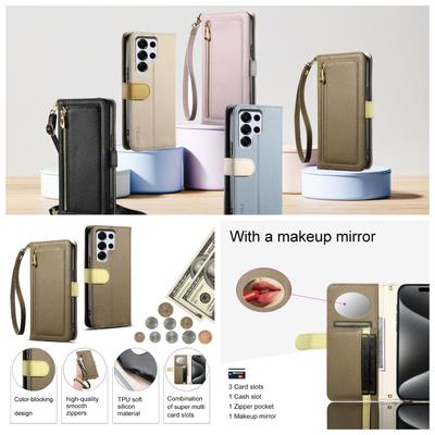 Leather Phone Case for Samsung Galaxy S23-S25 Series / A14-A56 Series with Coin Pocket, Card Slot, Mirror & Stand – Multiple Colors