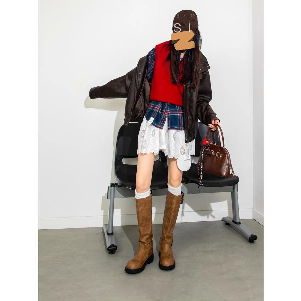 Petite~ Soft leather thick-soled knight boots women's boots autumn and winter velvet retro long boots wide tube widened high boots