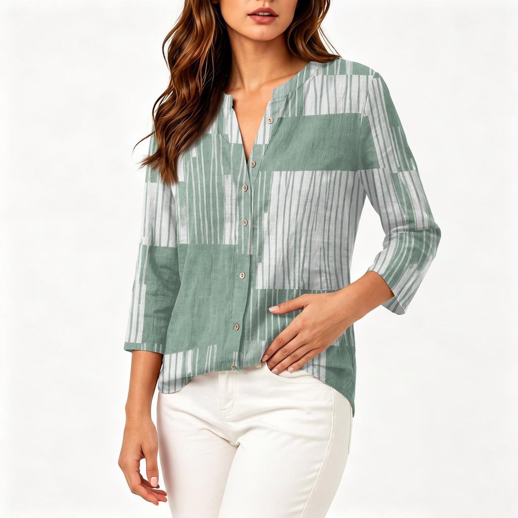 Women's Fashion Cotton Linen Printed 3/4 Sleeve Button Shirt for Casual Wear