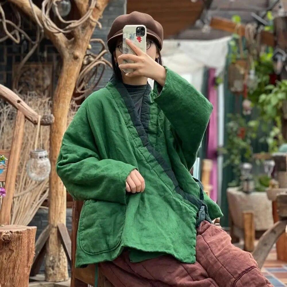 Johnature Women Vintage Belt V-Neck Parkas Long Sleeve Plus Cotton Coats Winter Dark Purple Women Linen Parkas