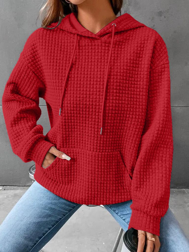 2025 New Women's Loose Hooded Long-sleeved Stitching Sweater Leisure Versatile Round Neck Solid Color Waffle Knit Hoodie