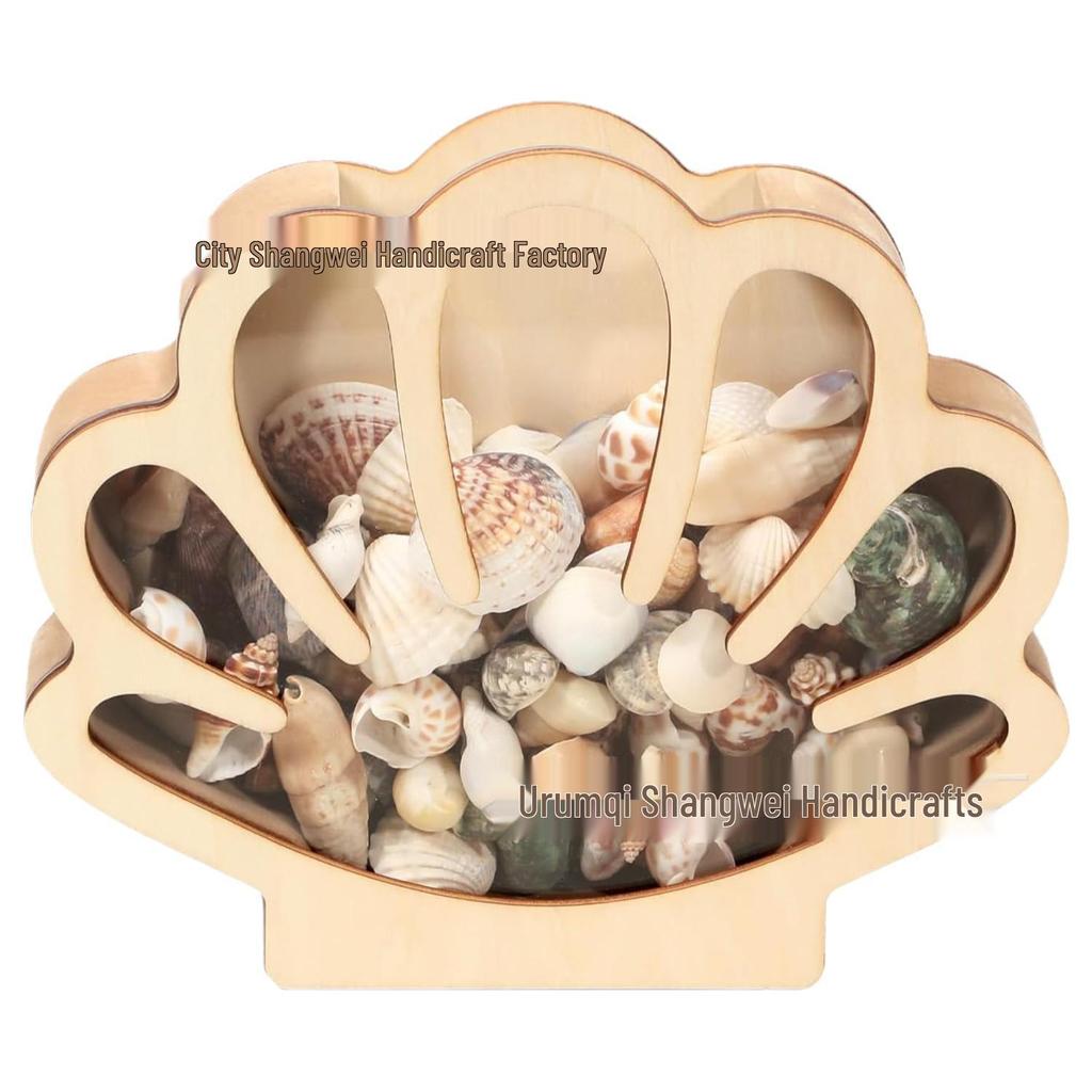 Seashell Storage & Display Box: Wooden Tray with Transparent Conch Design