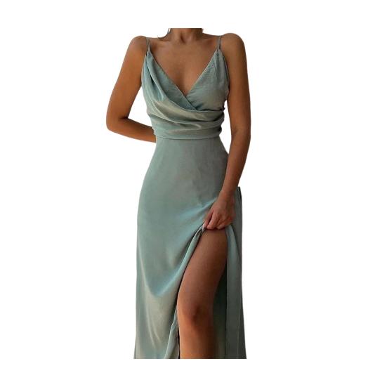 Womens Sleeveless V Neck Bodycon Dress Sexy Spaghetti Strap High Slit Ruched Midi Dress Cocktail Party Wedding Guest Dress