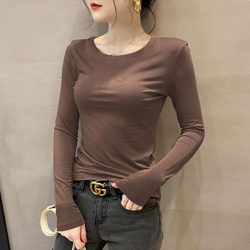 Camiseta Feminina Cinza Escuro Slim Fit Manga Longa Gola Redonda - Primavera/Outono/Inverno 2025