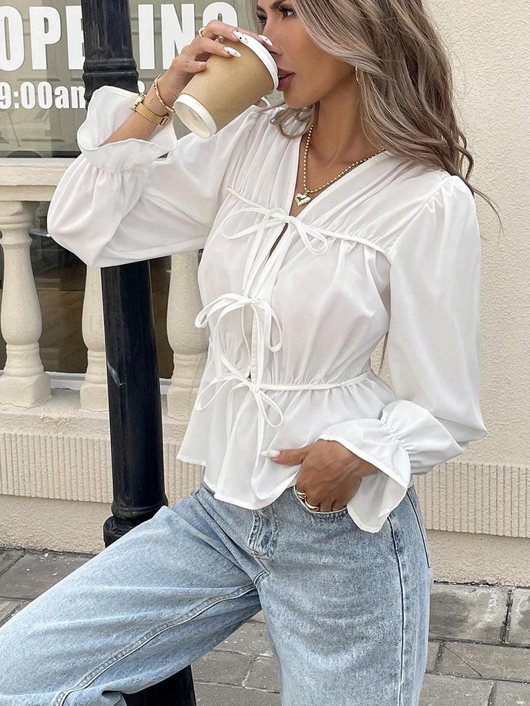Autumn Women's European-American Style Long Sleeve Tie-Up Blouse Cardigan