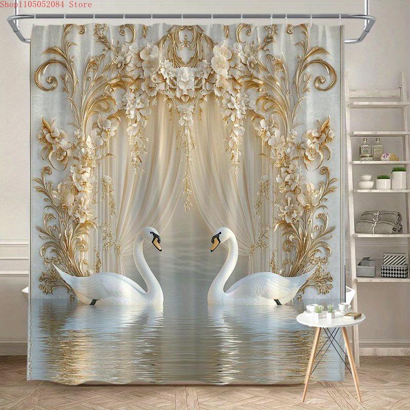 

1Pc Elegant White Golden Floral Arch Shower Curtain - With Hooks Waterproof Mildew Proof Easy Install Washable W60H190(CM)-1 Pcs