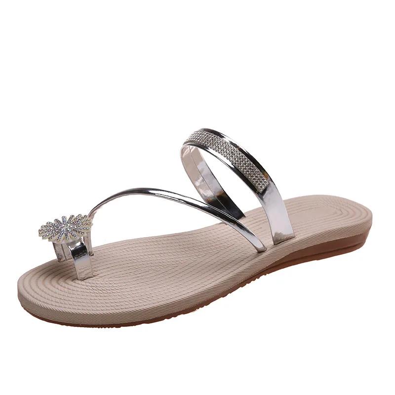 Fashion Women Summer Flat Rhinestone Flower Beach Slippers Comfy Clip Toe Lady Flat Beach Sandals Casual Female Flip Flops Zapatos Mujer