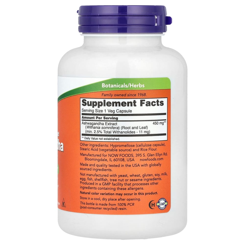 NOW Foods Standardized Ashwagandha Extract 450mg, Veg Capsules, 180 Count