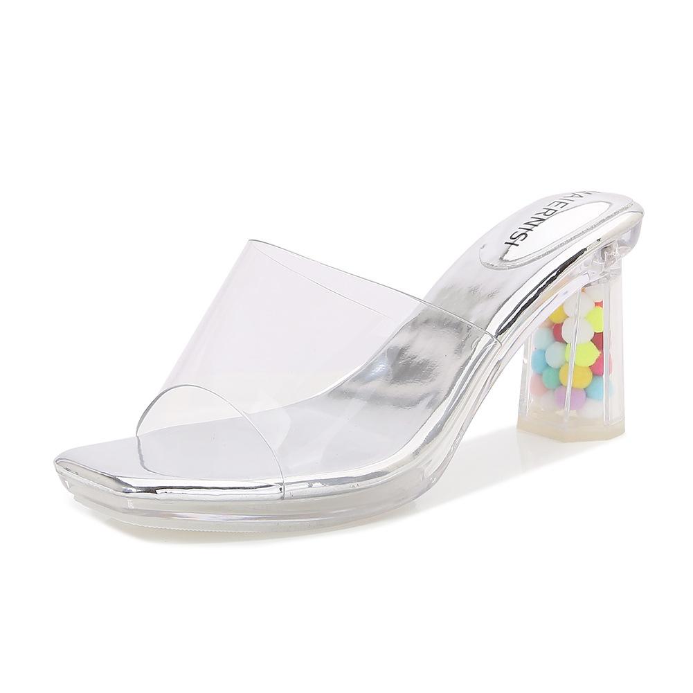 

Набор крутых шлепанцев с открытым носком, на цветных прозрачных кристальных толстых каблуках и высоких каблуках для ежедневных покупок 41 серебряный