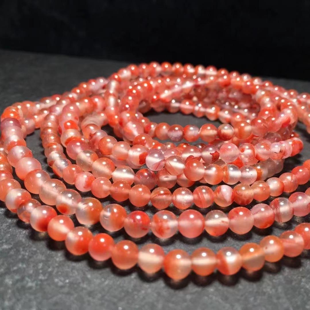South Red Ice-Glimmering Red Round 5mm Buddhist Prayer Beads, Watery Clear Ice-Glimmering 4-Strand Bracelet