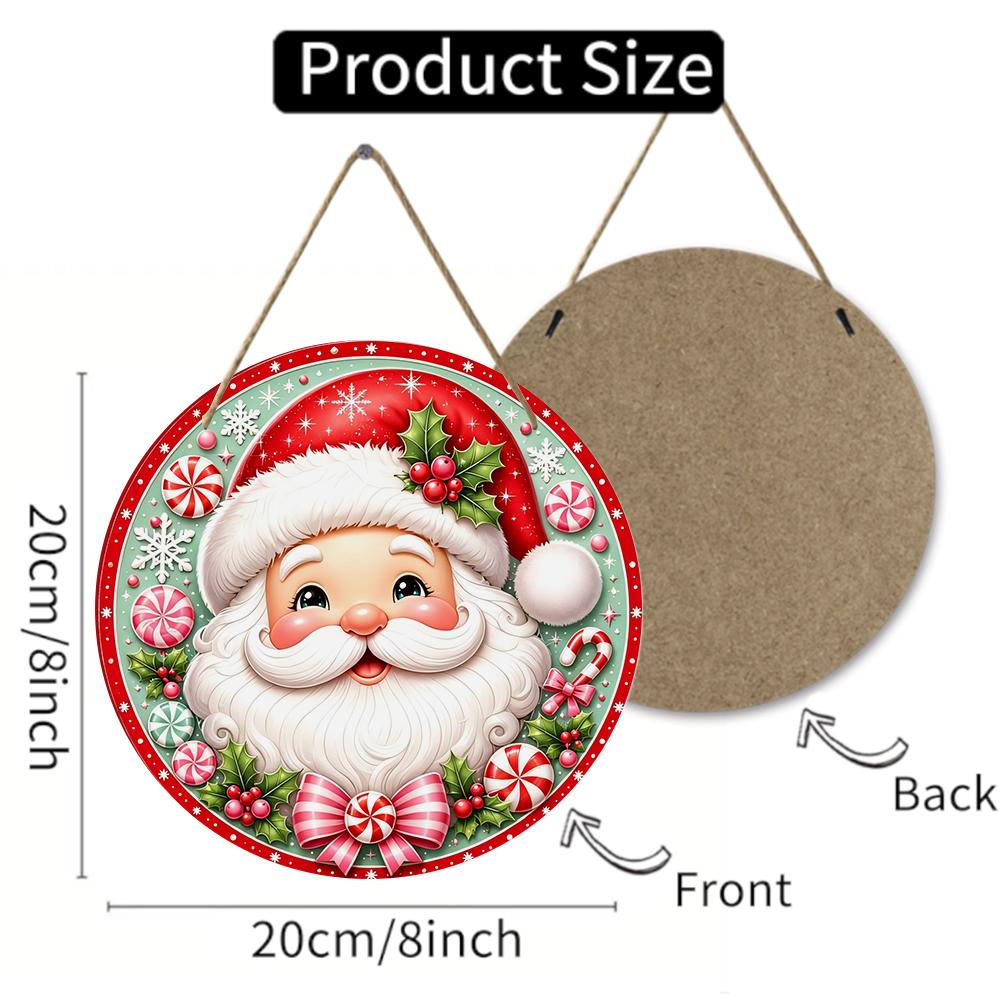 Festive Santa Claus Pattern Round Wooden Hanging Plaque Decorative Indoor Wall Sign Christmas Party Ornament for Home Holiday Decor Front Door