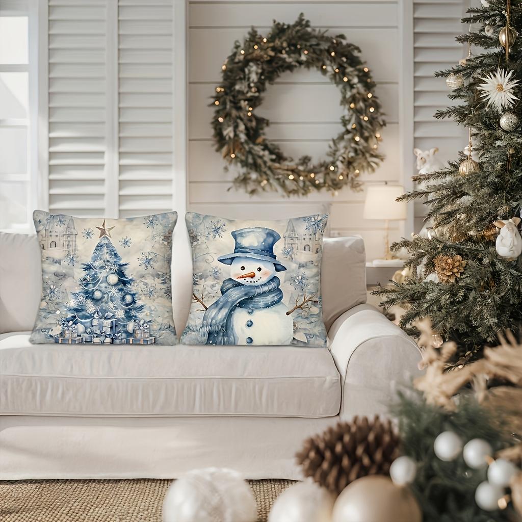 4pcs Winter Christmas Pillow Covers, Double-Sided Print Blue Xmas Design with Snowflakes, Santa & Reindeer, Farmhouse Style, Sizes 16/18/20 Inches. In
