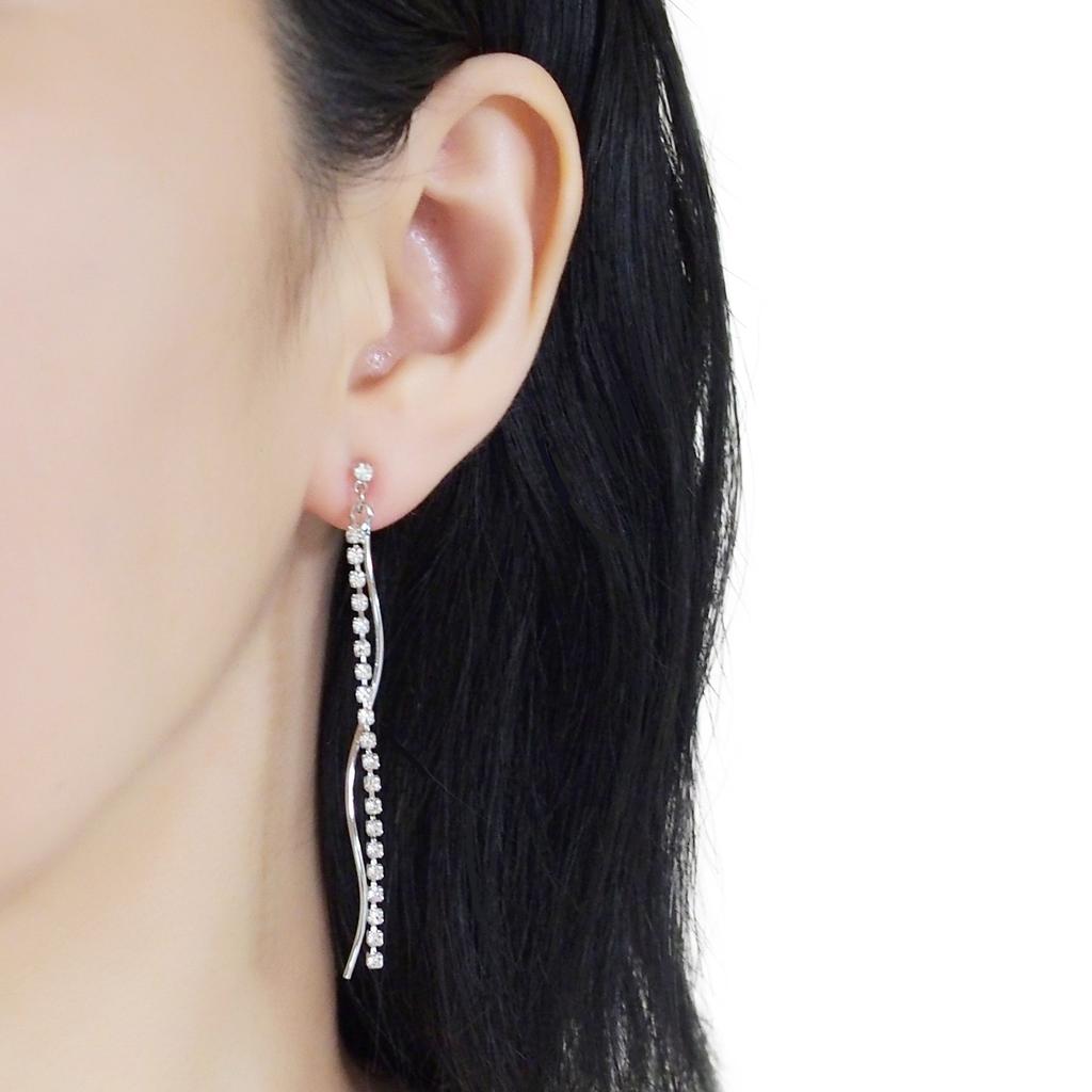 Popular earrings for resin Miyabi Grace crystal women, non-pierced earrings, crystal, gold, long, rhinestone, pearl, wave, bar, elegant, delicate,