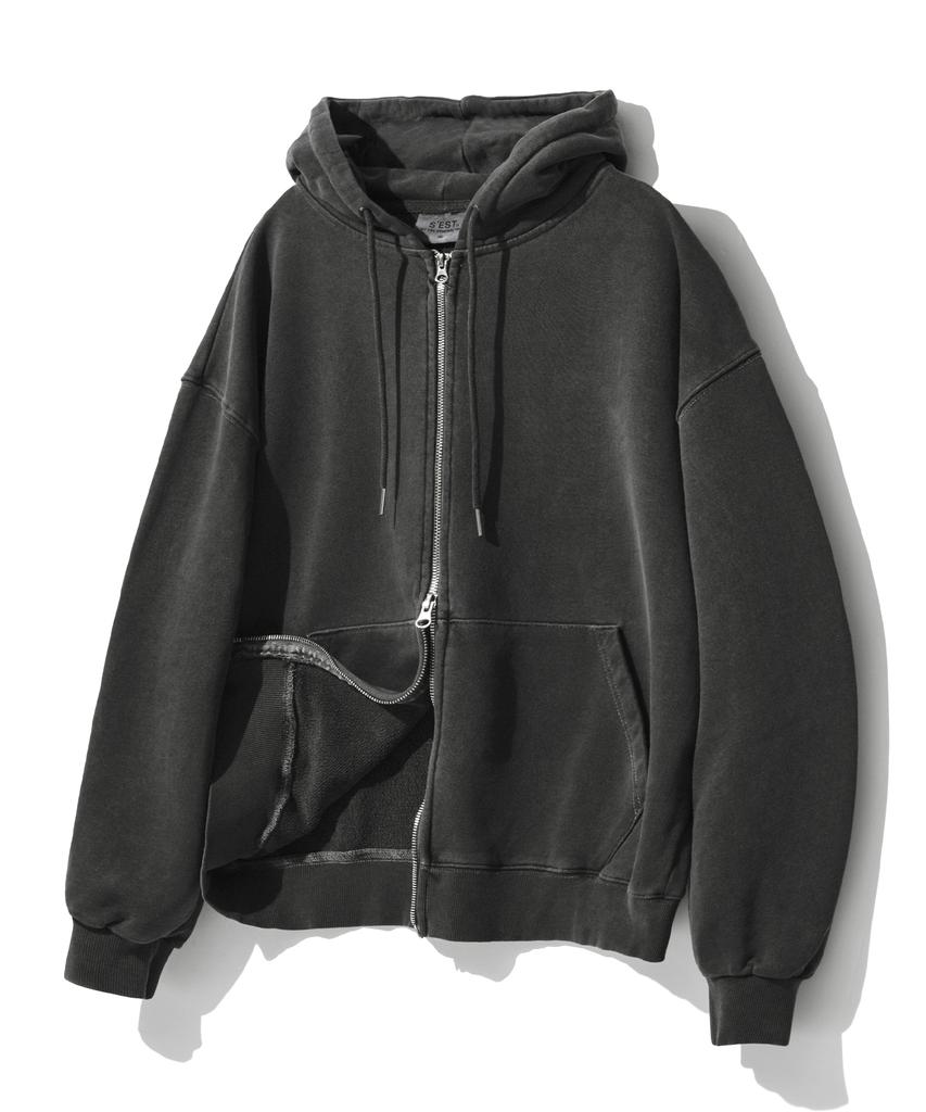 S'Est Pigment Washed Zip-Up Hoodie - Charcoal