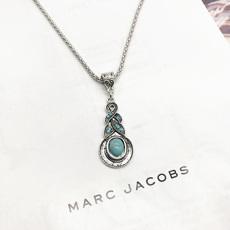 Vintage Necklace Earrings Set Bohemian Ancient Silver Turquoise Sweater Collarbone Chain Versatile Earrings