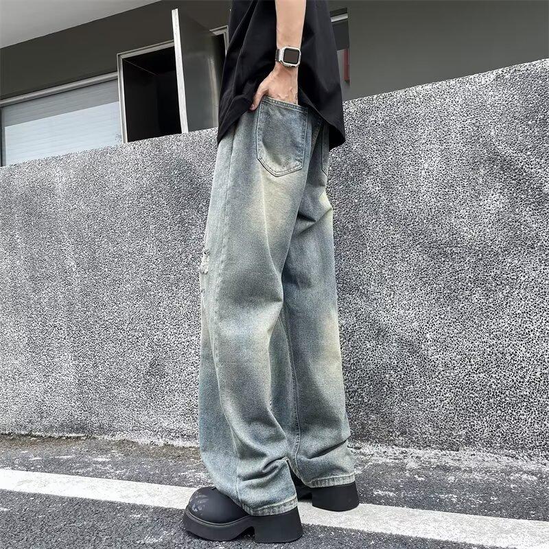 Men'S Retro Washed Vintage Wide Leg Jeans, Men'S Loose Straight Leg Casual Versatile Vibe Hanging Long Pants