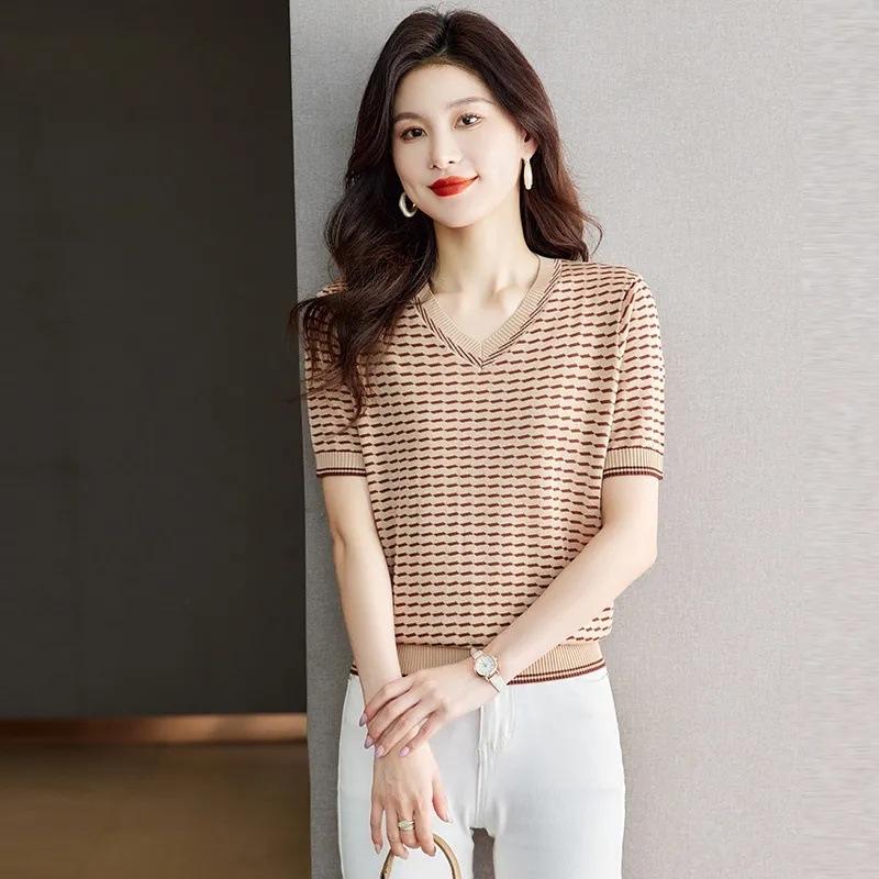 Women's Knitted T-shirt Short Sleeved V-neck Ice Silk T-shirt Color Blocked Loose Top
