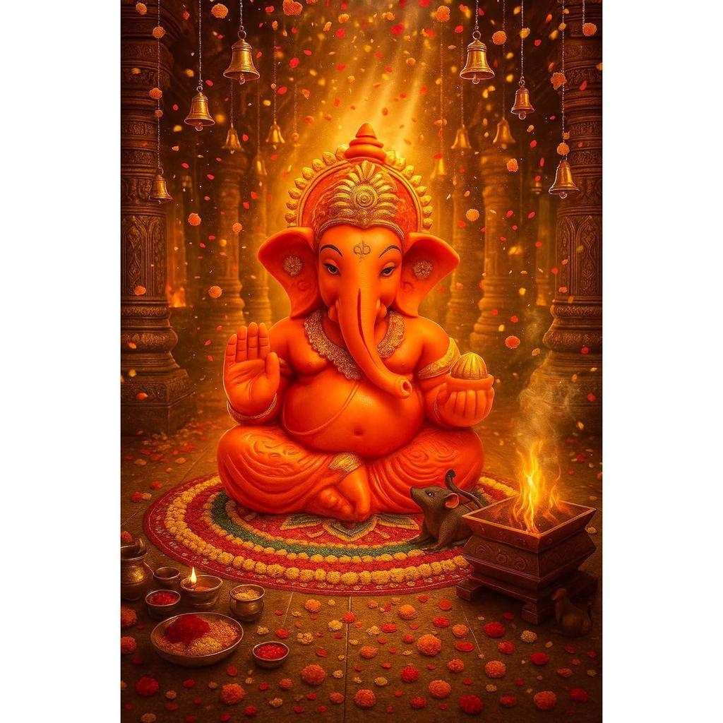 Lord Ganesha Murti for Home & Office Decor | Orange Ganpati Bappa Idol with Modak | Resin Ganesh Ji Statue for Car Dashboard