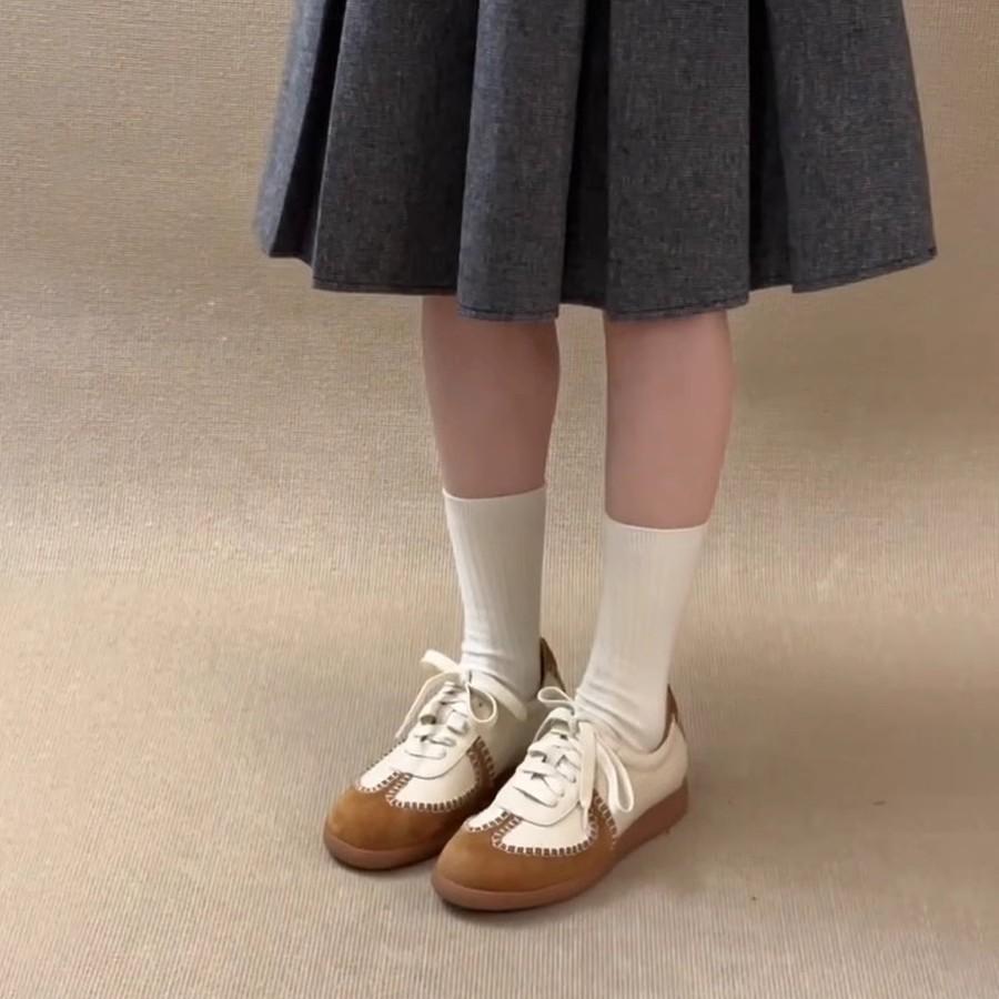 Cowhide Version~ American Retro German Training Shoes Sports Shoes Women's Platform Casual Board Shoes Versatile Color Matching Lace-up White Shoes