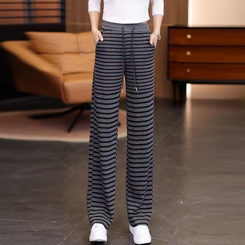 Women's Casual Striped Wide Leg Pants with Drawstring Elastic High Waist Loose Straight Leg Pants