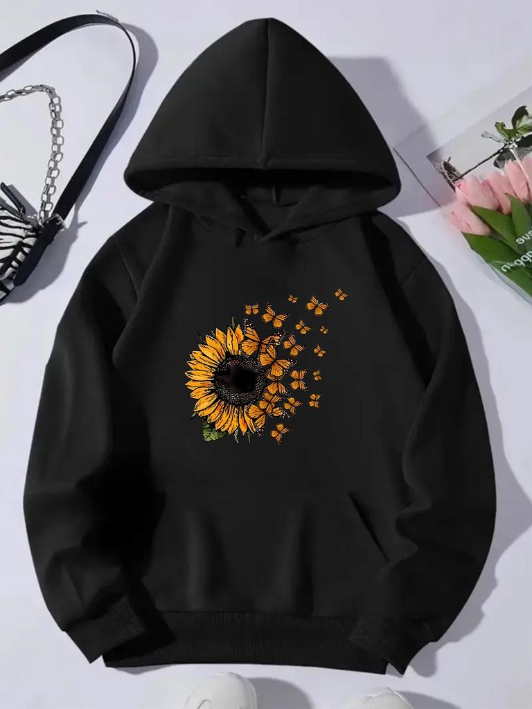 2025 Autumn/Winter Women's Sunflower and Butterfly Pattern Hoodie Casual Street Style Pullover Graphic Women Clothing Fashion