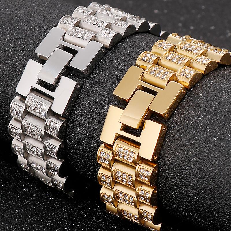 Hiphop 18MM szeroki pasek zegarka łańcuch na rękę bransoletka dla mężczyzn złoty kolor stal nierdzewna biżuteria charm bransoletki dla kobiet panie