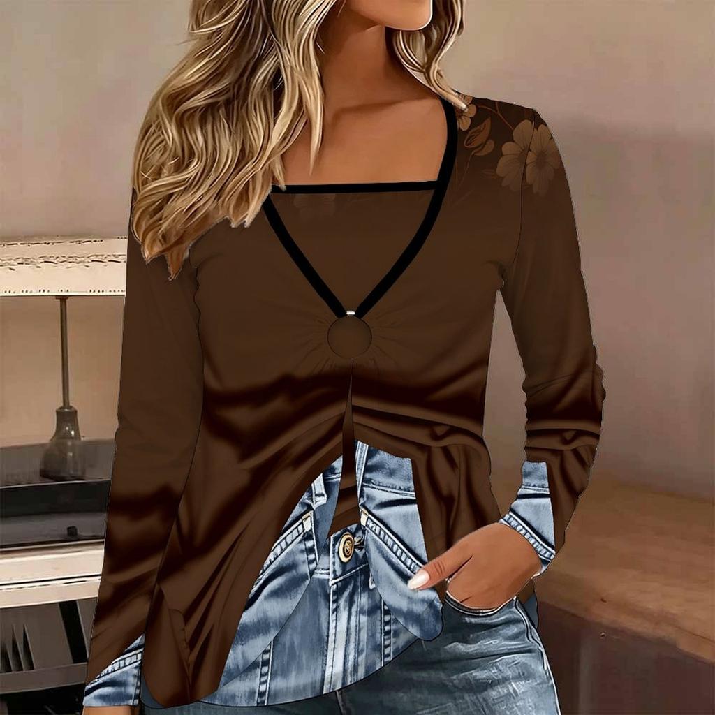 Tops for Women Retro Print Long Sleeve Fake Two‑Piece Top Fall Casual Slim Pullover Women's Long Sleeve Top