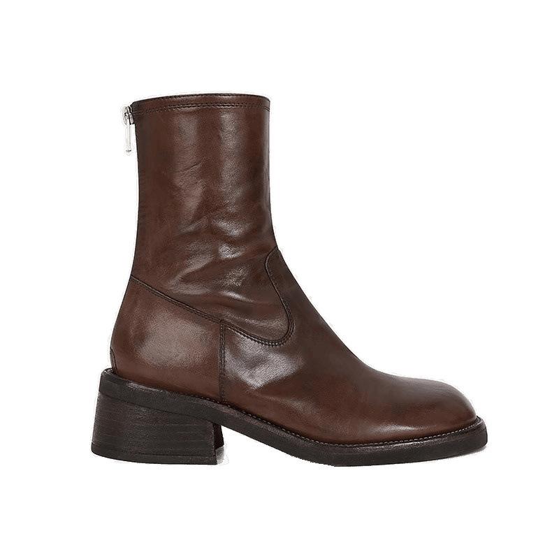 Shoes Retro Leather Square Head Rear Zipper Thick Heel Thin Boots Women's Short Boots Autumn and Winter