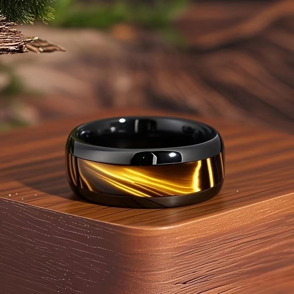 With Brown Tiger'S Eye Wood Inlay Rings Fashion 8mm Black Men Stainless Steel Ring for Men Women Wedding Jewelry Drop Shipping