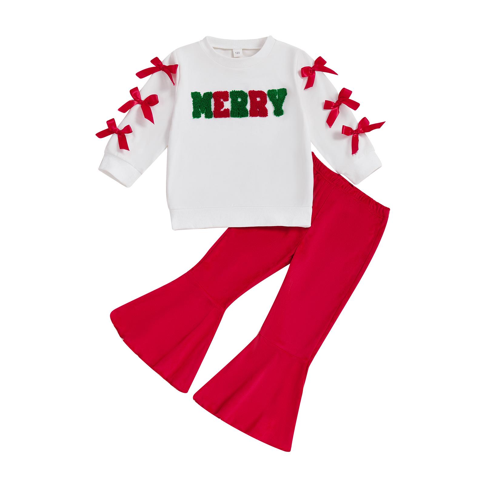 European and American Girls  Christmas Embroidery Bow Sweatshirt and Flare Pants Set 110 cm