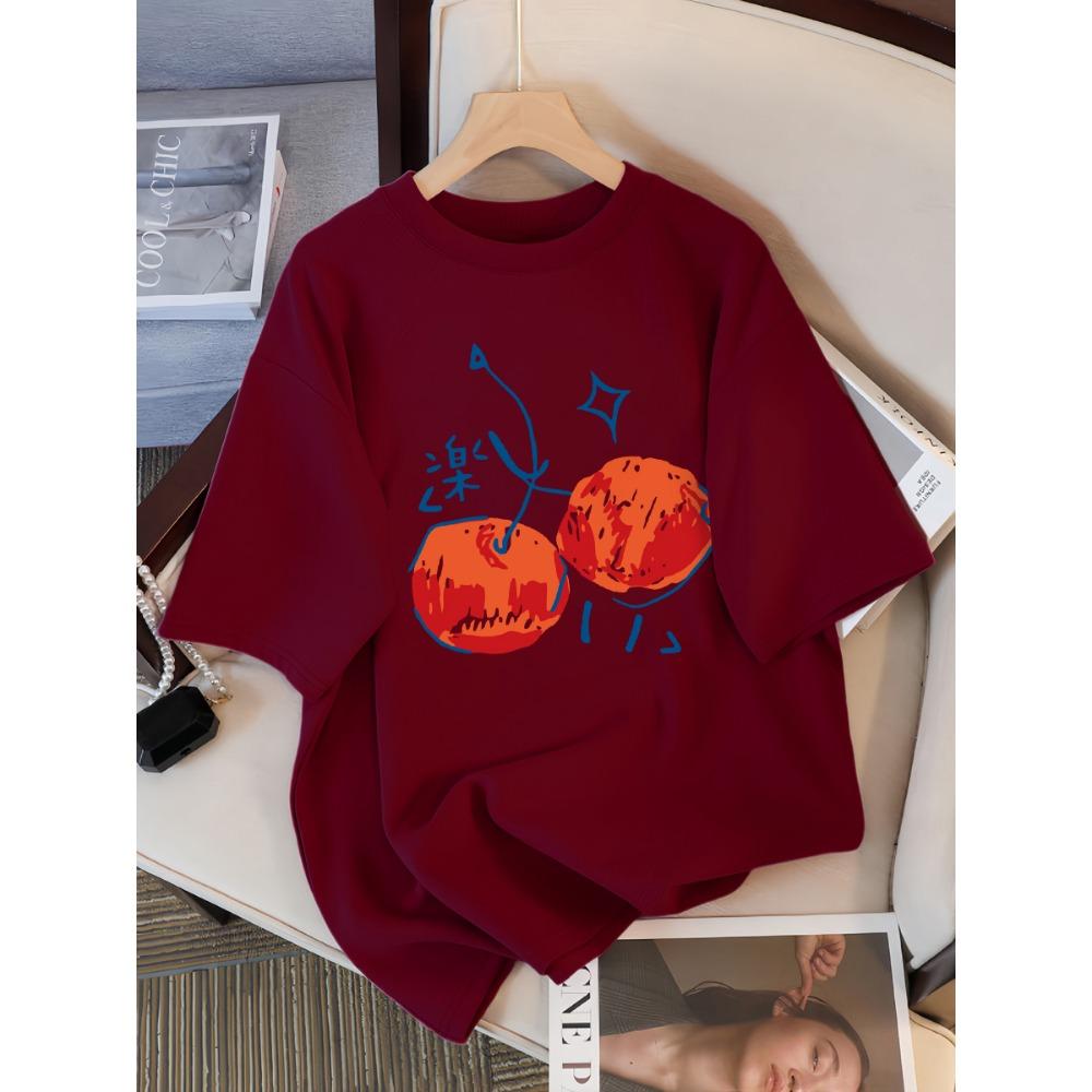 Cherry Pattern Printed Women's T-shirt Casual Sports Round Neck Short Sleeved Breathable Summer T-shirt Street New Clothing