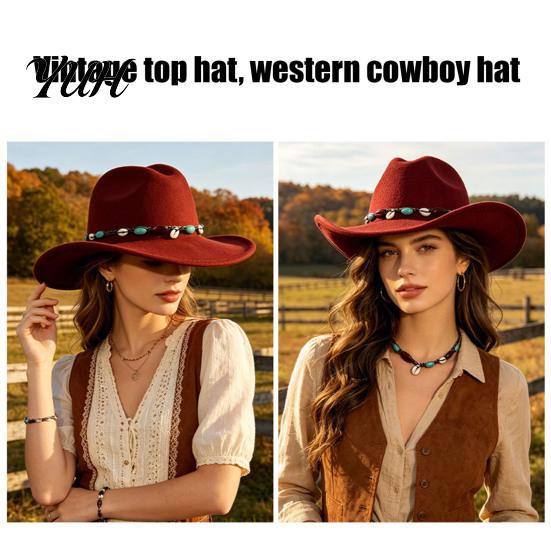 Vintage Style Headwear Wool Felt Fedora, Unisex Western Cowboy Hat, Retro Wide Brim Hat Cowgirl Jazz for Women Men Autumn Winter Travel Accessories