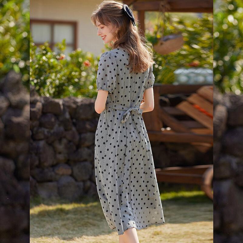 Bailuyu Women's V-Neck Polka Dot Puff Sleeve Long Dress