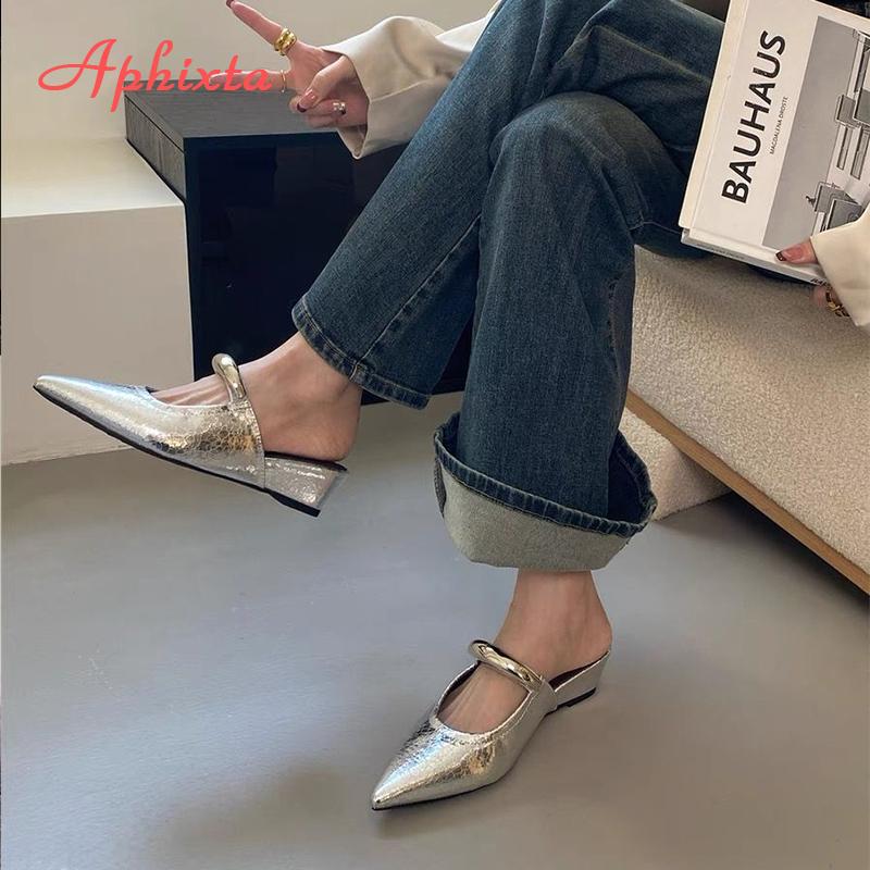 Fashion Aphixta Concise Metal Dec Fashion Summer Shoes Woman Low Heel Women Silver Pointed Toe Slides Sandals Heels Zapatos De Mujer