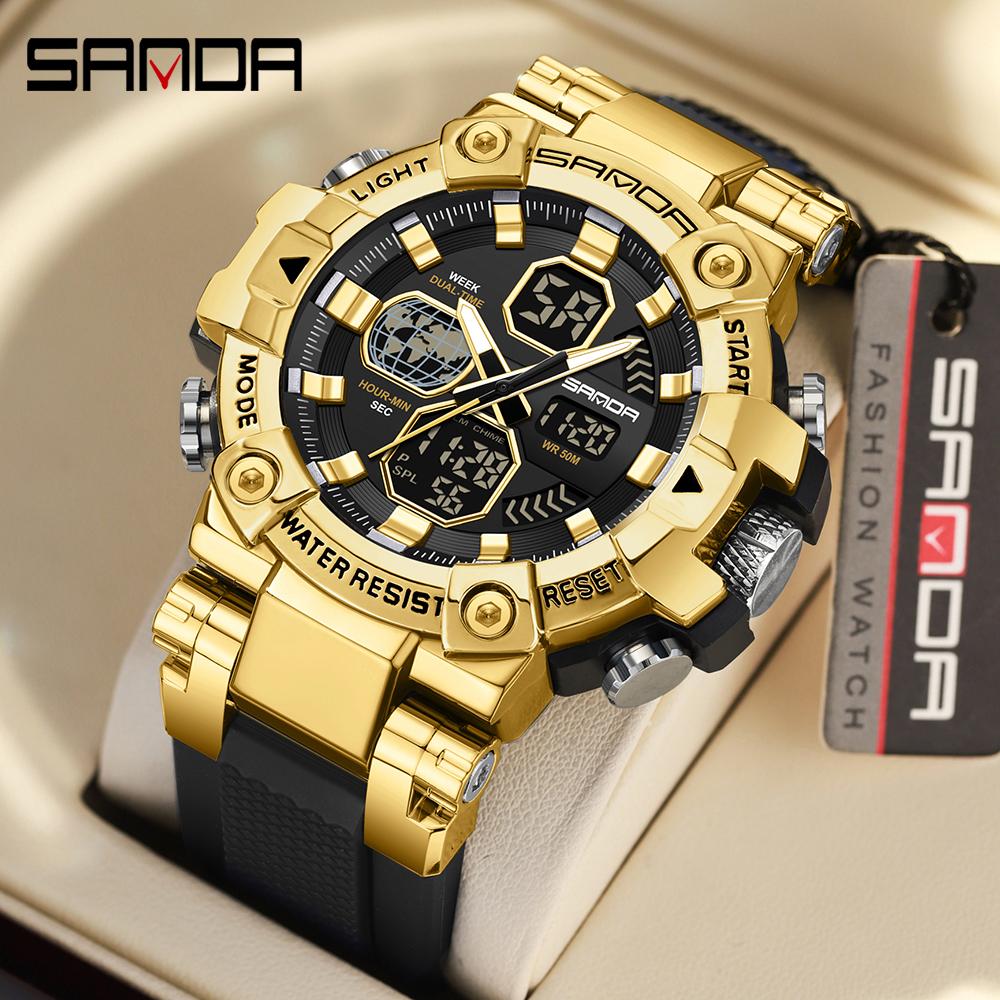 SANDA 3369 Luxury Fashion Men's Electronic Watch Sport Multi Functional Waterproof Night Light Men's Electronic Watch