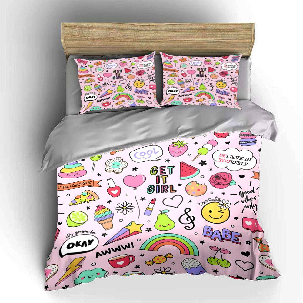 Fun Pink Doodles Pattern Bedding Duvet Cover Set (1*Duvet Cover 2*Pillowcases, Without Duvet Insert)