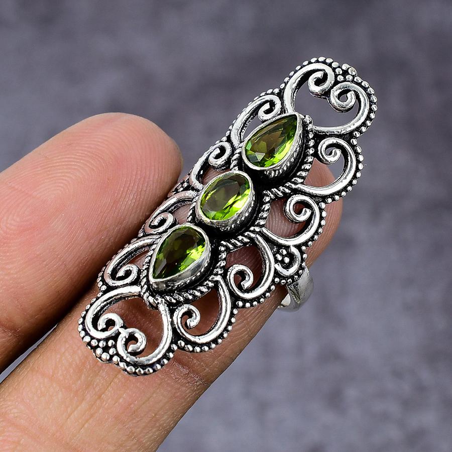 Natürlicher Peridot-Edelstein, handgefertigt, 925er Sterlingsilber, Geschenkring, Größe 7,5, o8o60