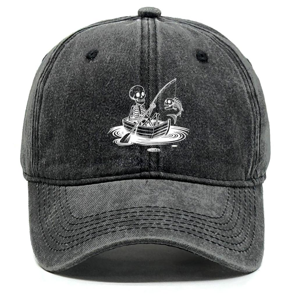 Skeleton Boating Fishing Print Adjustable Baseball Hat, Fishing Rod Trucker Hat Sun Protection Stylish Unisex Cotton Snapback Baseball Cap