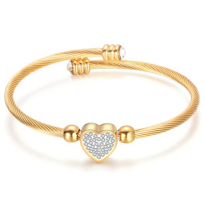 Einfaches Damen-Armband mit verstellbarer Öffnung aus Titanstahl mit eingelegtem Zirkonkabel und Love-Motiv