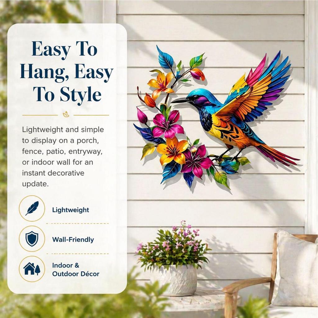 Hummingbird Wall Art Hangable Wall Sculpture With Flower Metal Hummingbird Decor For Garden Patio Fence Porch Yard Home Living