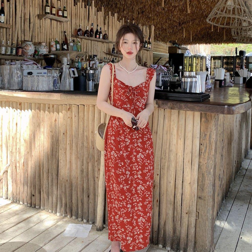 Women's Spaghetti Strap Red Floral Dress for Early Spring 2025 - French Petite Style for Date Nights