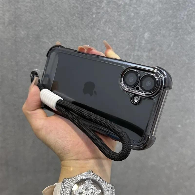 Applicable to iPhone17Promax four corners anti-drop electroplating transparent mobile phone case Apple 16 hand rope protective case